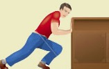 Illustration of a mover pushing an office desk on a hand truck.
